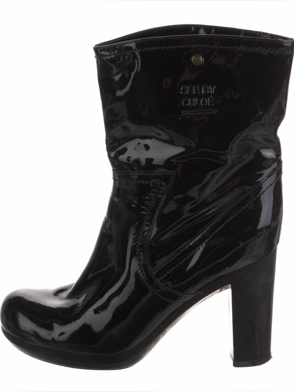 See By Chloé Black Patent Leather Mid-Calf Block Heel Rain Boots